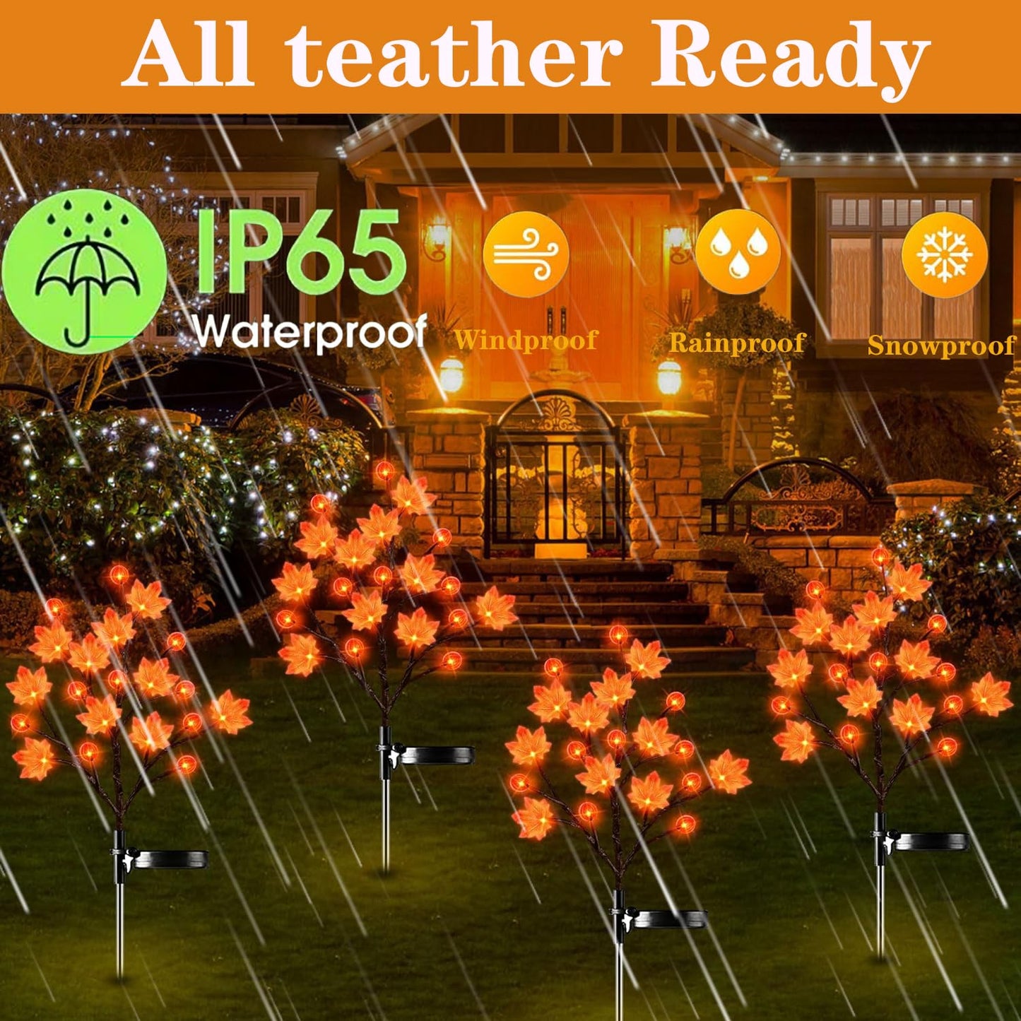 2 Pack 40LED Solar Outdoor Maple Leaf Lights for Fall Decor-3D Maple Pumpkin Thanksgiving Lights with 2 Modes | Waterproof Solar Garden Lights for Yard, Pathway, Halloween, Christmas Decorations