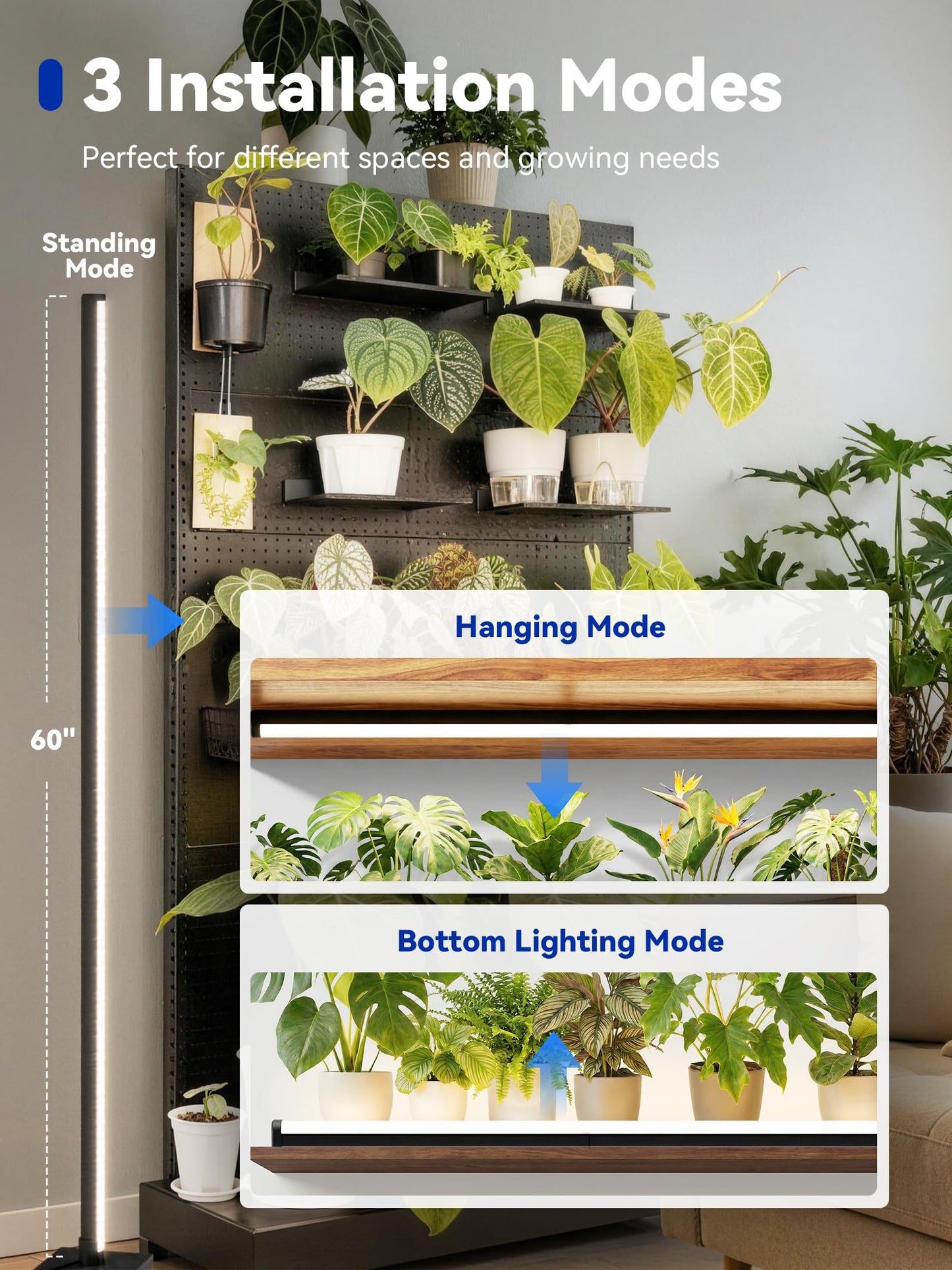 GLOWRIUM Grow Lights for Indoor Plants, 36W Vertical Plant Grow Lights with Auto-Timer, Full Spectrum LED Standing Plant Grow Light, 3 Light Modes, 6-Level Dimmable (60in)