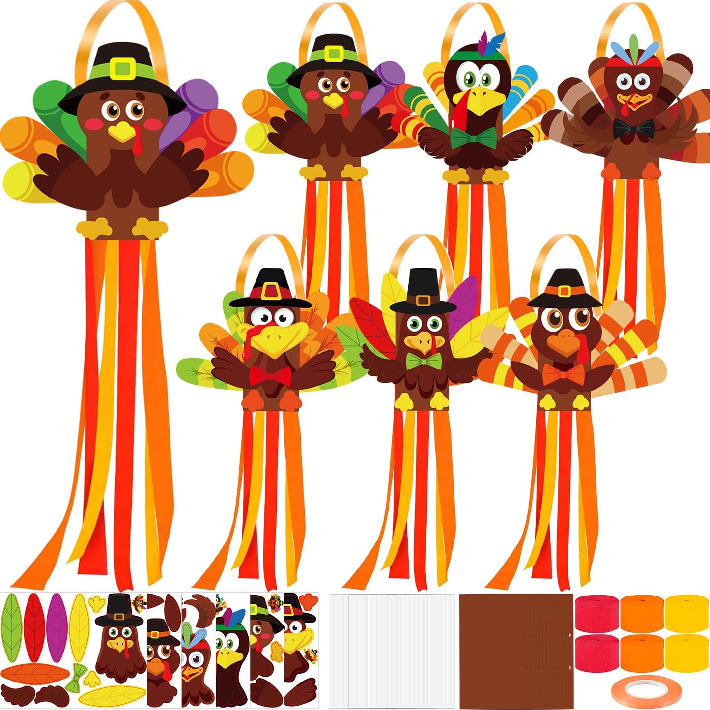 Cinrobiye 24 Set Turkey Windchime Craft Thanksgiving Windsock Kits DIY Wind Chime Flags Fall Hanging Ornament Wind Socks Farmhouse Yard Garden Patio Lawn Decor for Home School Activities Supplies