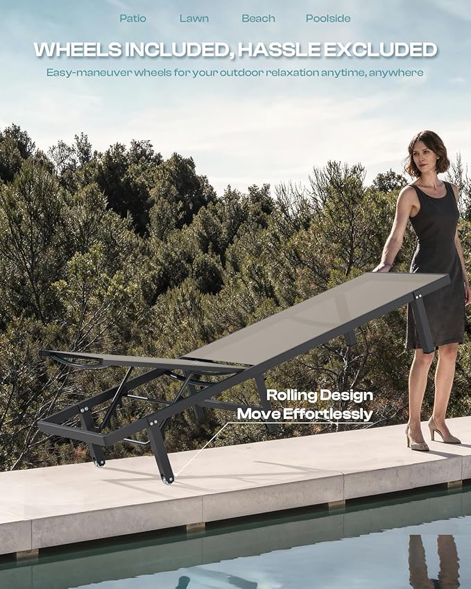 Outdoor Lounge Chairs Set of 2, Aluminum Pool Lounge Chairs