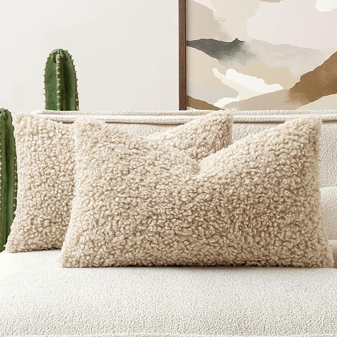 Faux Fur Throw Pillow Covers 20x12 Inch Set of 2 Boucle Neutral Decorative