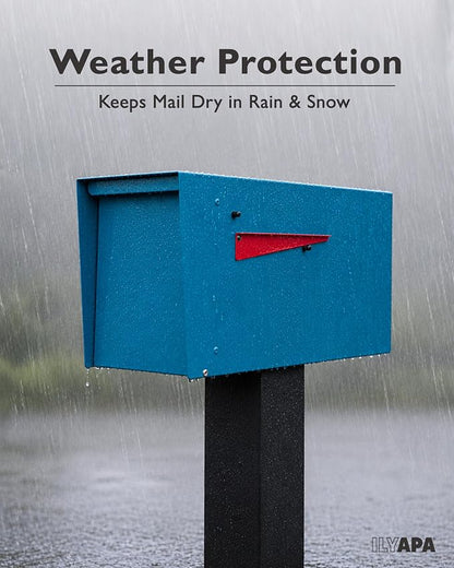 Ilyapa Modern Mailbox for Outside Post Mount - Blue Powder Coated Metal Mailbox, Waterproof Letter Box for Parcels, Recessed Magnetic Close Door