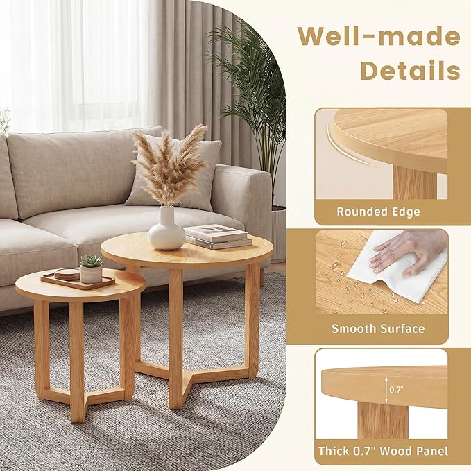 Tangkula Round Nesting Coffee Table Set of 2, Farmhouse End Tables