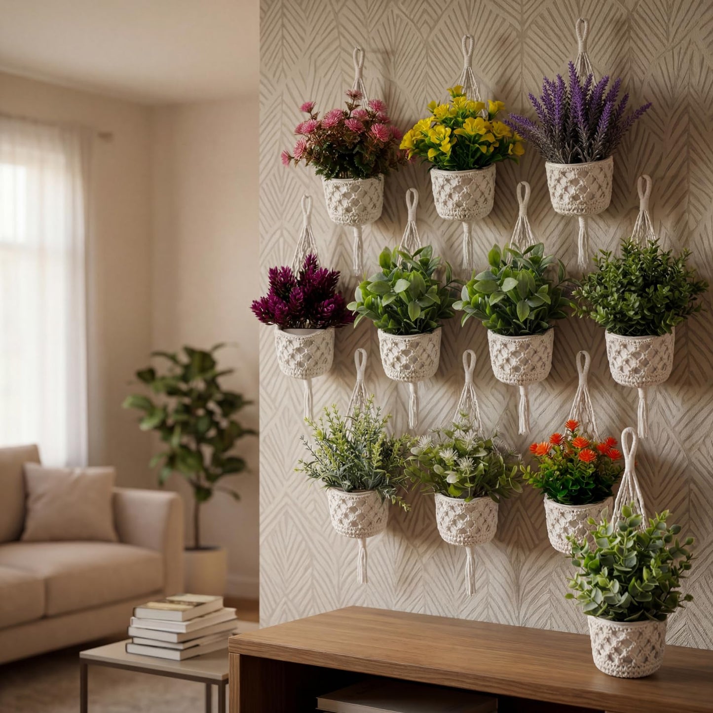 GliCraft 10 Pack Macrame Wall Plant Hanger with Artificial Pot Flower - Boho Wall Hanging Planter for Indoor Plant Cotton Rope Holder with Mini Fake Pot Flower for Home Wedding Decor Gift(White)