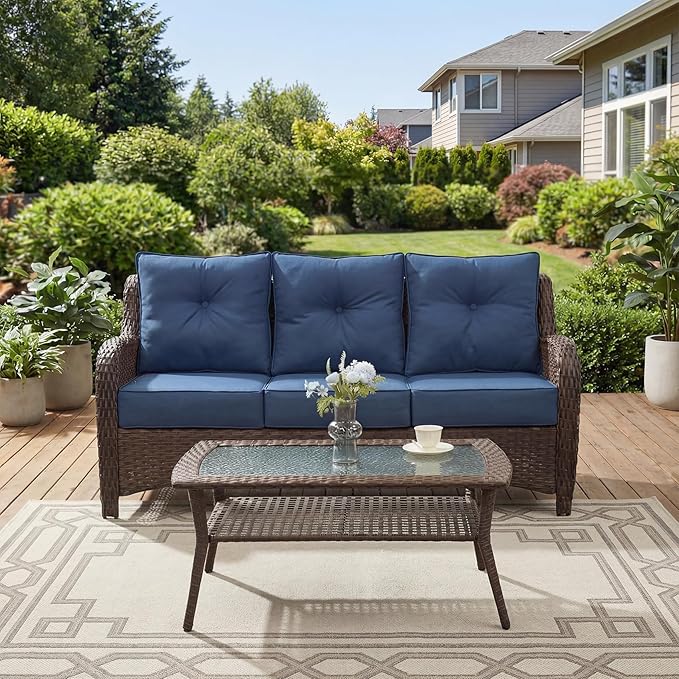 Patio Furniture Set, High Back Rattan Sofa, Weather Resistant Olefin Fabric