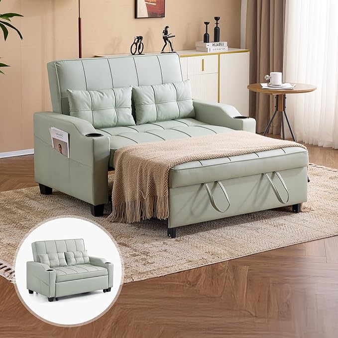 VINGLI Green Futon Sofa Bed Convertible Loveseat Sleeper Couch, Faux Leather