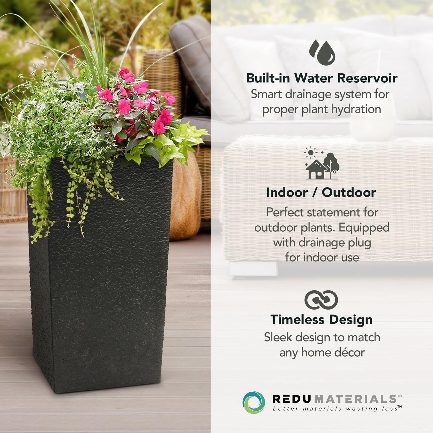 Tierra Verde Indoor & Outdoor Self-Watering Square Planter, Citadel Stucco, 13.5" x 26", Black - Planting Containers for Plants and Flowers - Gardening and Landscaping Accessories