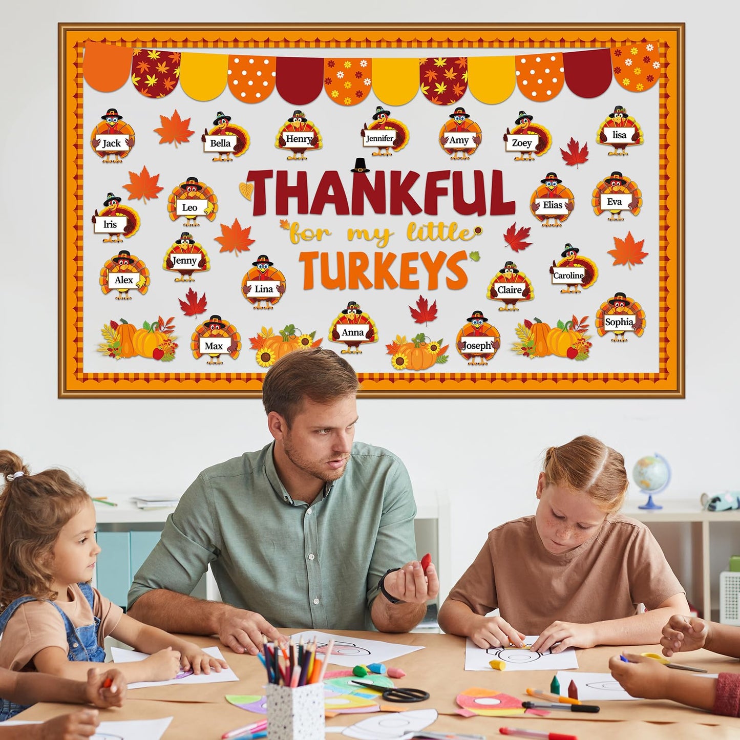 Thanksgiving Turkey Bulletin Board Set Thankful Classroom Decoration My Little Turkeys Paper Cutouts DIY Fall Crafts Bulletin Board Border for School Wall Autumn Decor Teacher Supplies