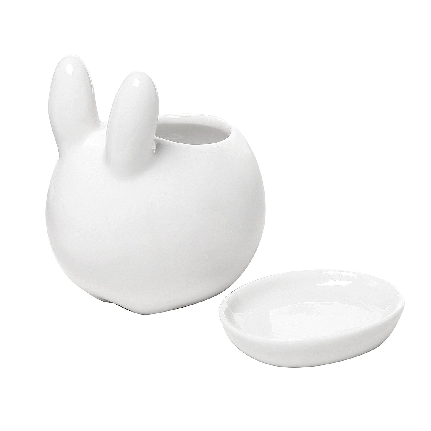 MyGift Mini Ceramic Bunny Planter, Decorative Rabbit Design White Small Flower Pot Succulent Planter with Detached Saucer