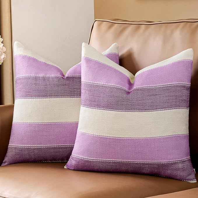 AmHoo Pack of 2 Farmhouse Stripe Check Throw Pillow Covers Set Case Cotton