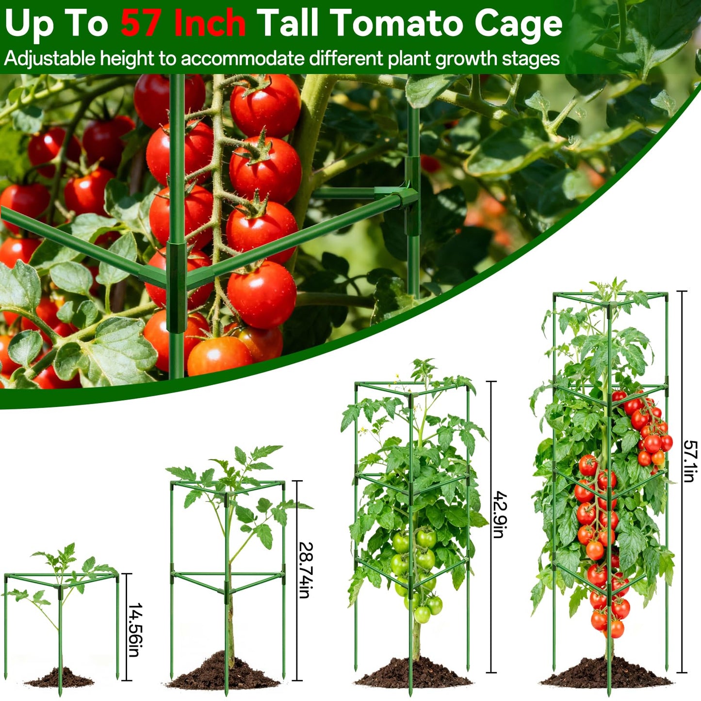Halatool 6 Pack Heavy Duty Tomato Cages, 57 Inch Tall Metal Plant Supports Stakes for Outdoor Garden, Adjustable Foldable Steel Trellis for Climbing Plants Cucumbers Peppers Flowers Vegetables Fruits