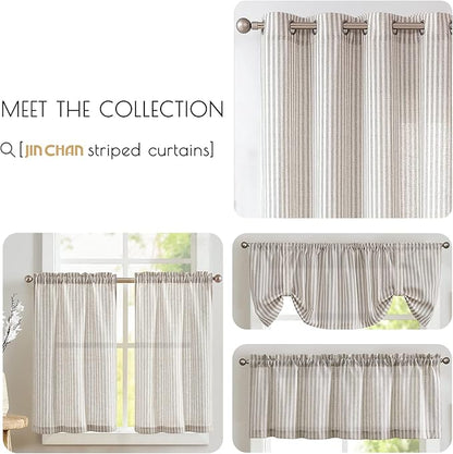 jinchan Tab Top Linen Kitchen Curtains 36 Inches Striped Tier Curtains Farmhouse Modern Cafe Style Small Window Treatments Airy Light Filtering Rod Pocket for Living Room Bathroom 2 Panels Taupe Grey