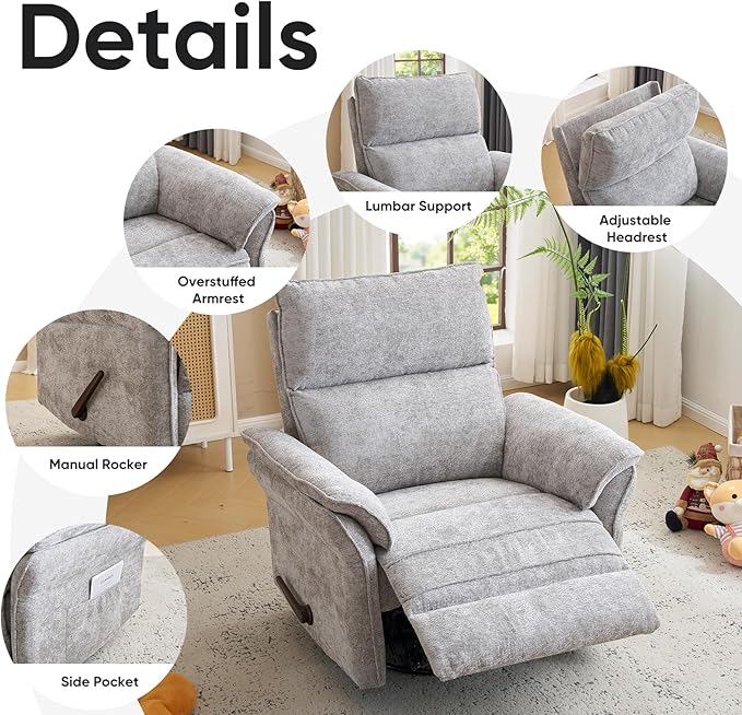 Rocking Chair Nursery with Adjustable Headrest, Manual Swivel Rocker Recliner
