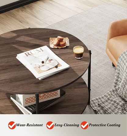 WLIVE Round Coffee Table for Living Room, 32.6" Small Coffee Table with Open Storage Shelf, 2-Tier Industrial Circle Wood Center Table for Bedroom, Home Office, Brown Walnut