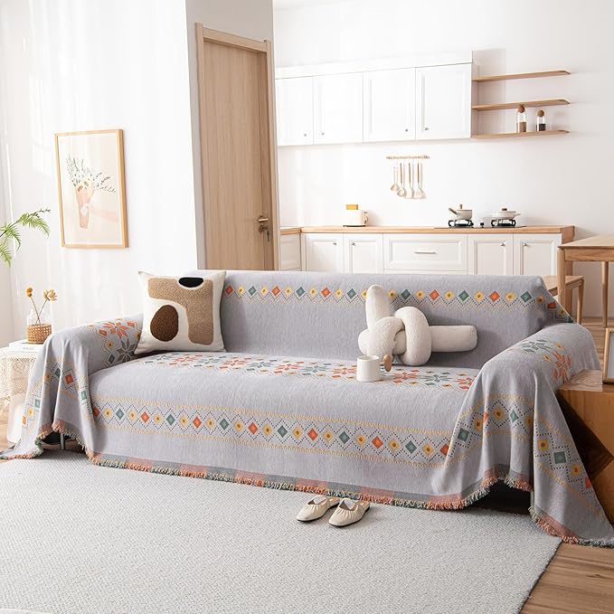 DREAMINGO Boho Couch Cover Grey Chenille Sofa Protecor