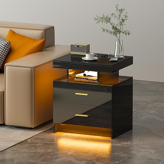 Smart Night Stand with Charging Station, Modern Black Nightstand with 24 Color