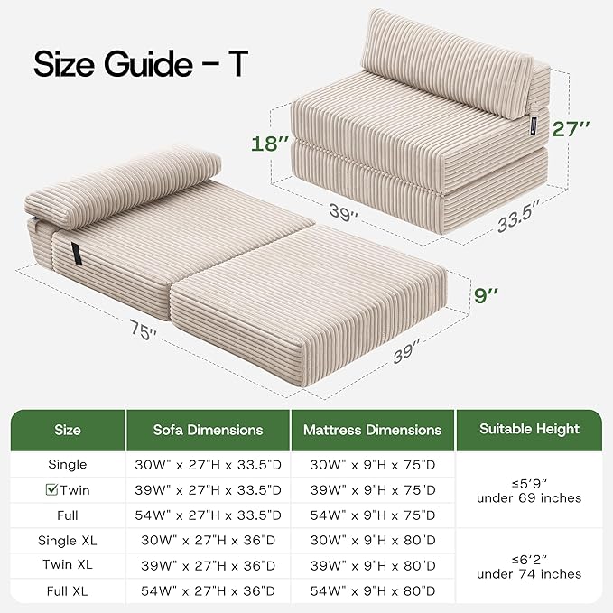 Convertible 4-in-1 Folding Sofa Bed Boneless Sleeper Chair Couch Foldable