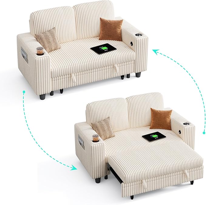 LINSY HOME Sectional Sleeper Sofa Bed, Corduroy Pull Out Couch