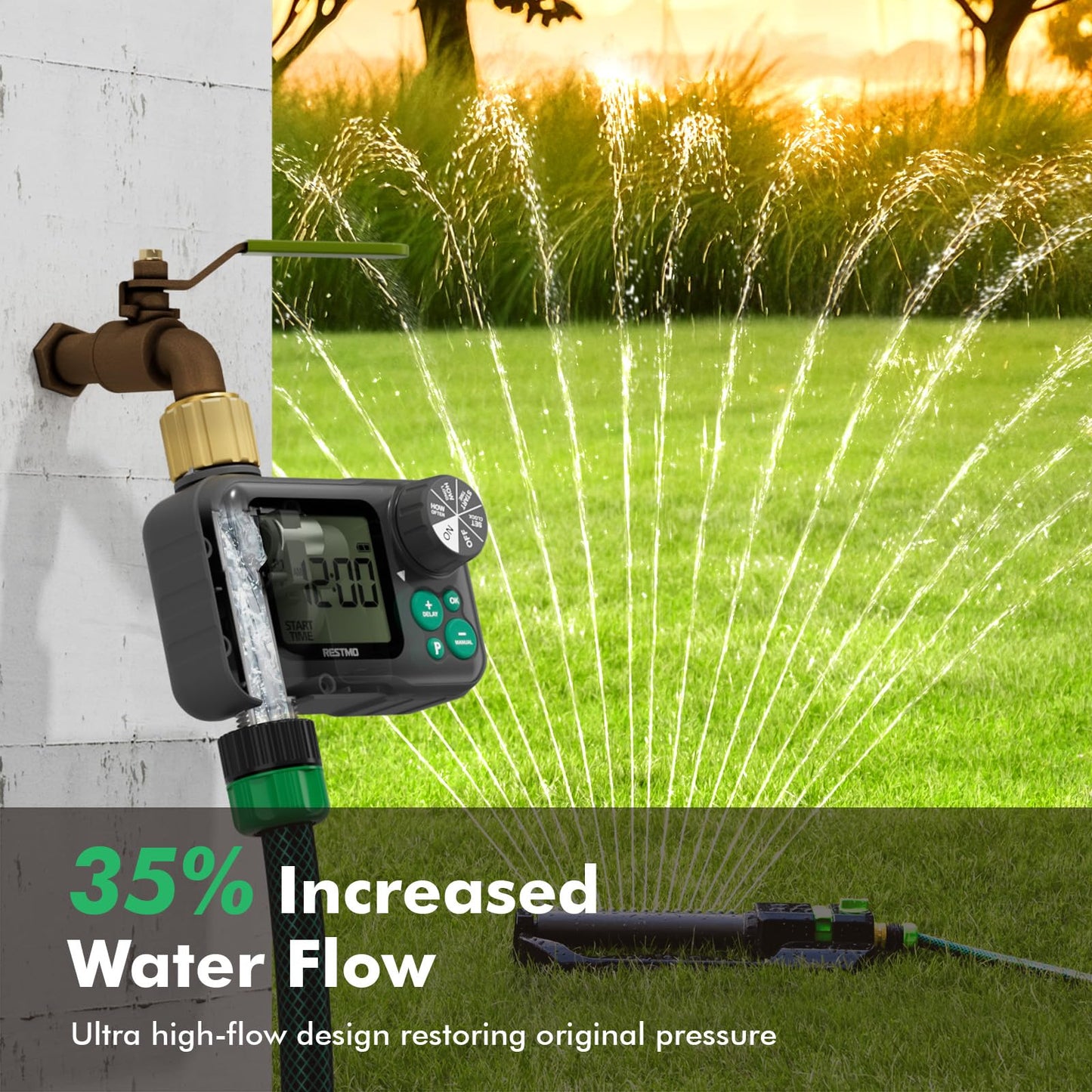 RESTMO Remote Control Brass Sprinkler Timer for Outdoor Hose Faucet, Up to 11h59m Programmable Watering Timer for Soaker Hose, Misting with Large Dial, Rain Delay/Manual/Automatic Irrigation System