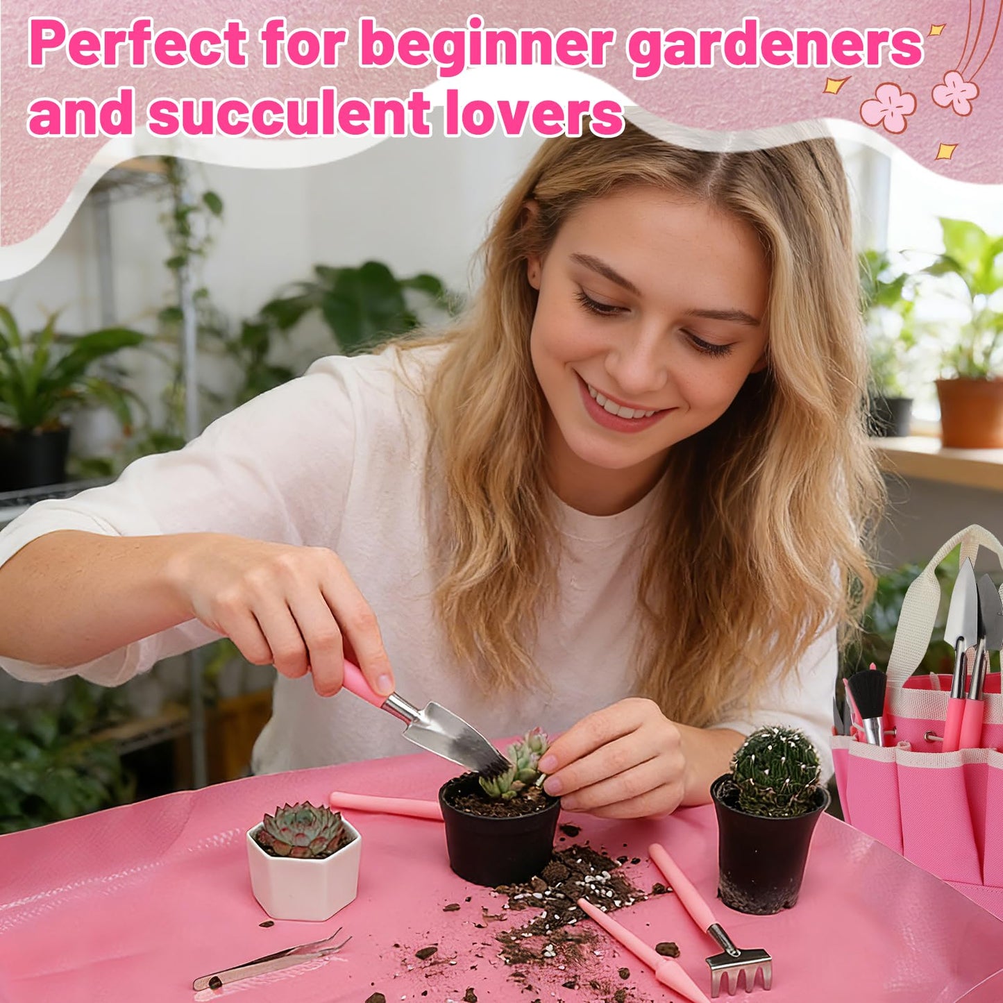 44pcs Small Gardening Tools Gifts for Women Beginners - Garden Hand Tools Set for Indoor Succulent Bonsai Plants Transplanting, Included Bag/Repotting Mat/Shovel/Labels, Pink