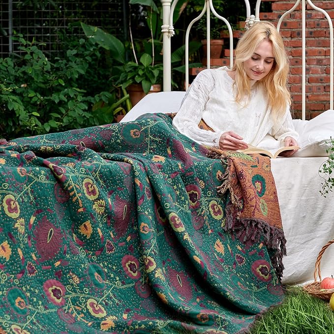 LUTBM Boho Throw Blanket for Bed 100% Cotton Soft Lightweight Quilt Home Decor