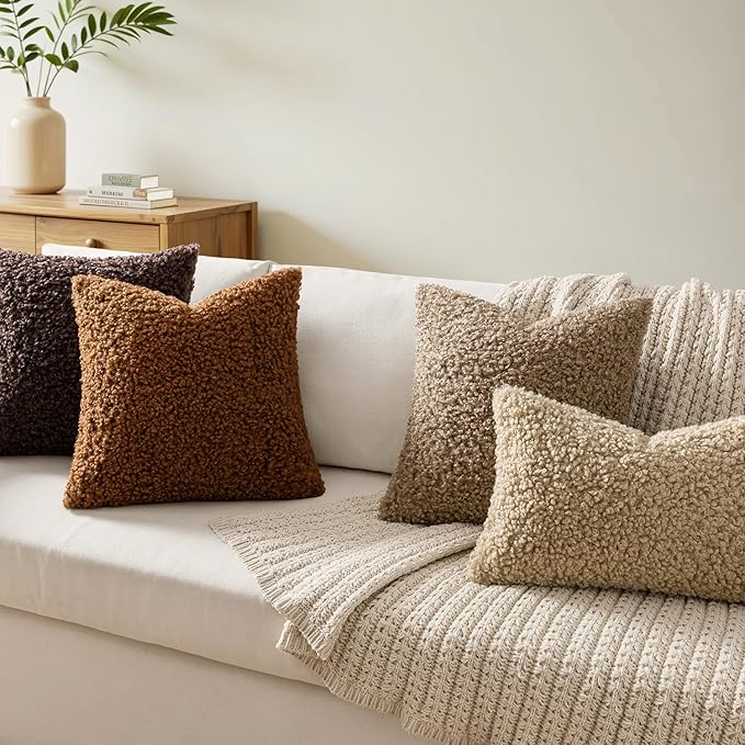 Faux Fur Throw Pillow Covers 20x20 Inch Set of 2 Boucle Neutral Decorative