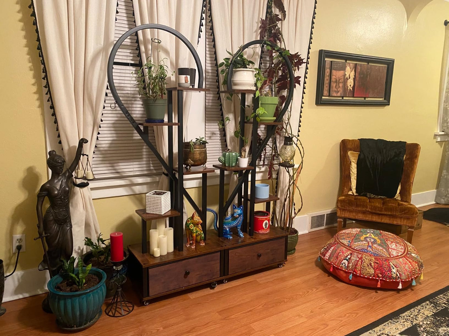 Heart Shaped Indoor Plant Stand with Rolling Storage Cabinet & Drawer, Multi-Tier Plant Shelf with Hanging Hooks & Casters for Home Office Living Room Patio Balcony, Rustic Brown, 2 Pack