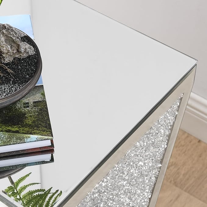 Inverted Triangular Mirror Square End Table, Crystal Diamond Inlaid Coffee Table