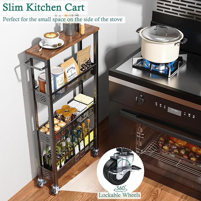 XYZLVSI Slim Storage Cart 4 Tier Narrow Kitchen Rolling Cart on Wheels