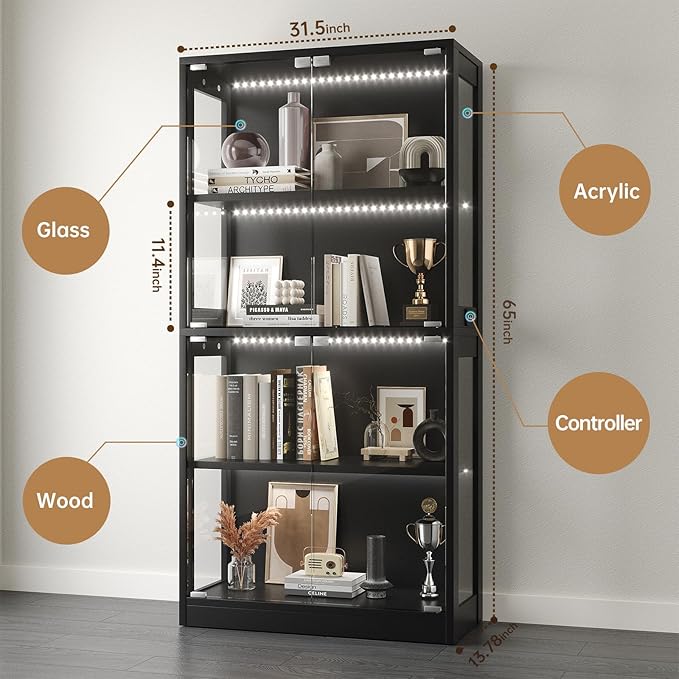 Airynee Display Cabinet with Glass Doors, 4-Tier Curio Cabinet with 7 Vibrant 3