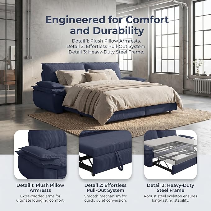 73.2" Sofa Bed Queen, 3-in-1 Pull Out Sofa Bed