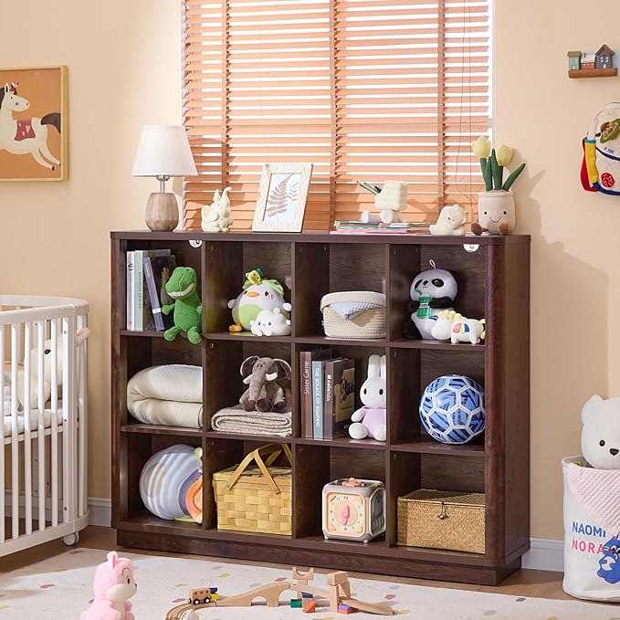 Joaxswe 12 Cube Storage Organizer, Wood Floor Standing 3-Tier Cubby Bookcase