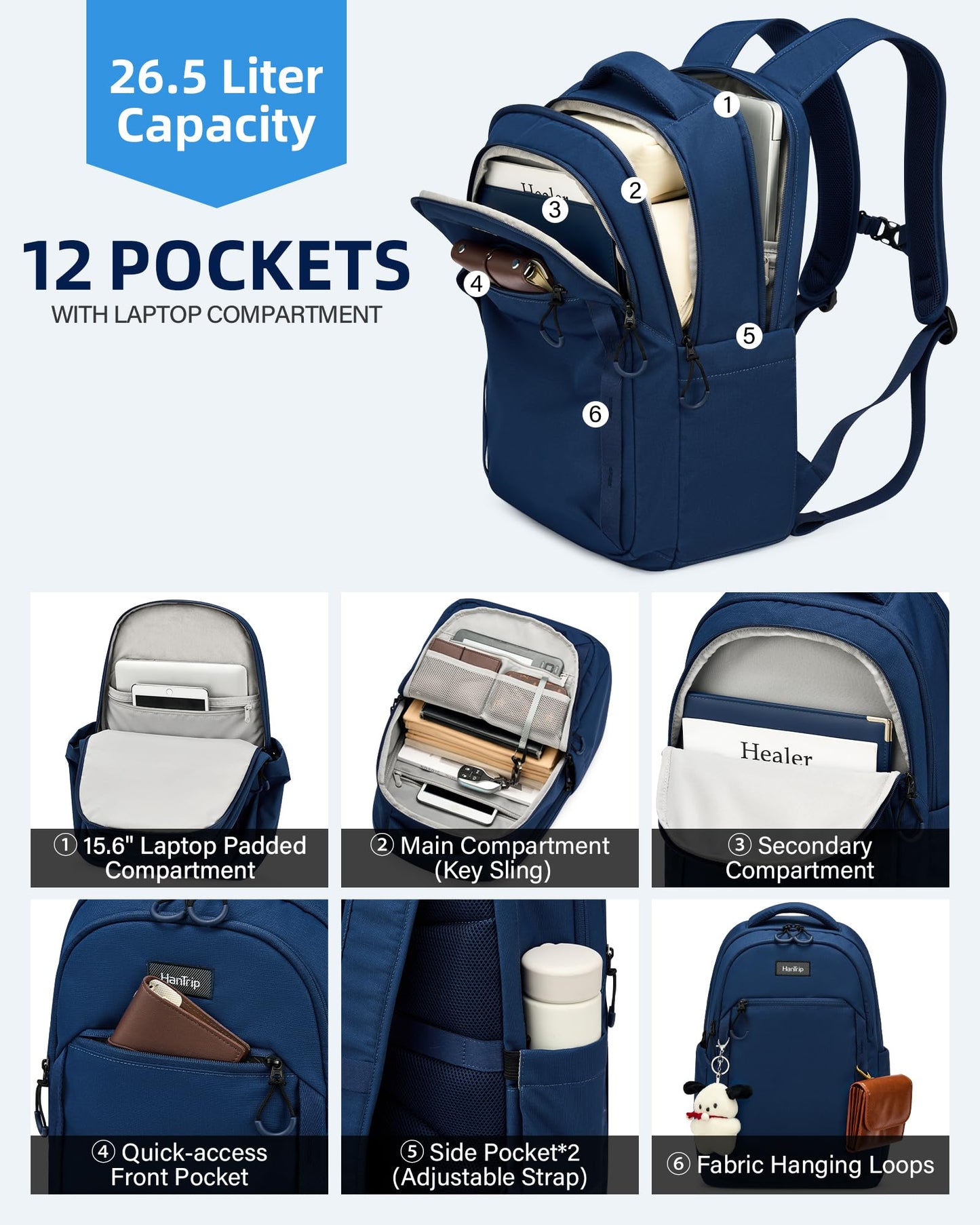 HanTrip Travel Laptop Backpack for Women Men, 18 Inch Large Work Backpack for Commuter College School Book Bags, Water Resistant Backpack with Luggage Strap Water Bottle Pocket Chest Strap, Navy Blue