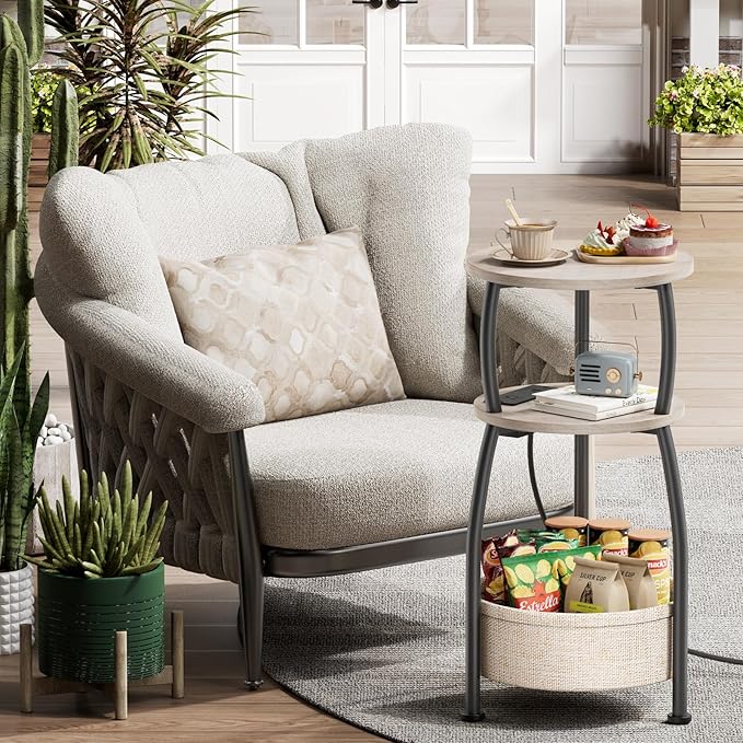 Small Side Table with Charging Station, Round End Table with Basket, USB Port