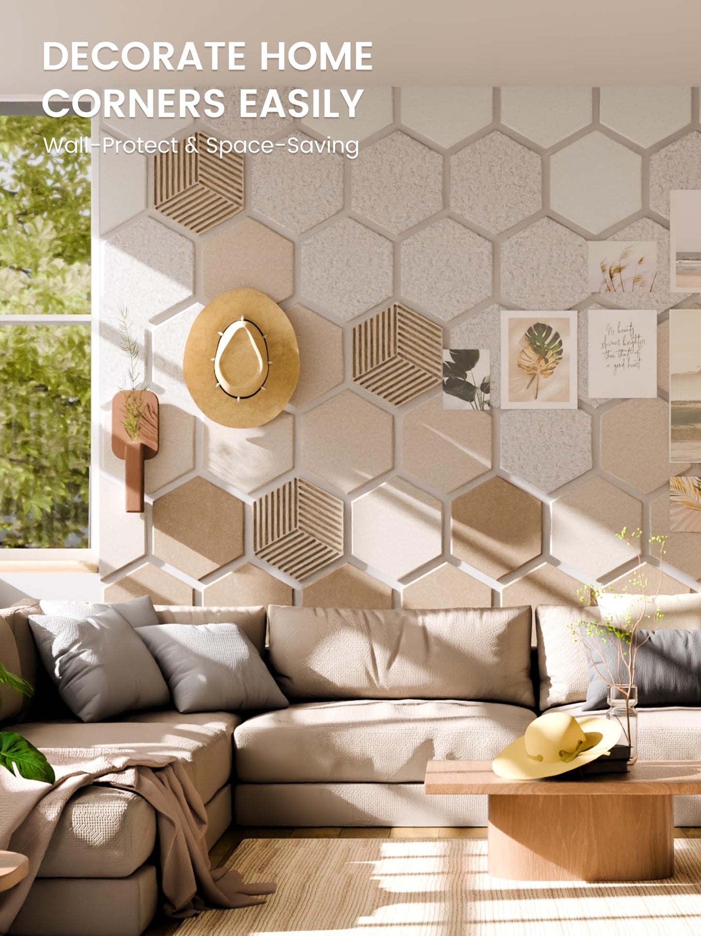 Fluxynara Hexagon Cork Board Alternative for Walls Decor-10-Pack Felt Bulletin Board Tiles,with 30 Pushpins,50 Adhesive Tabs for Office,Classrooms & Home Pin Board Felt Board-Stone Beige
