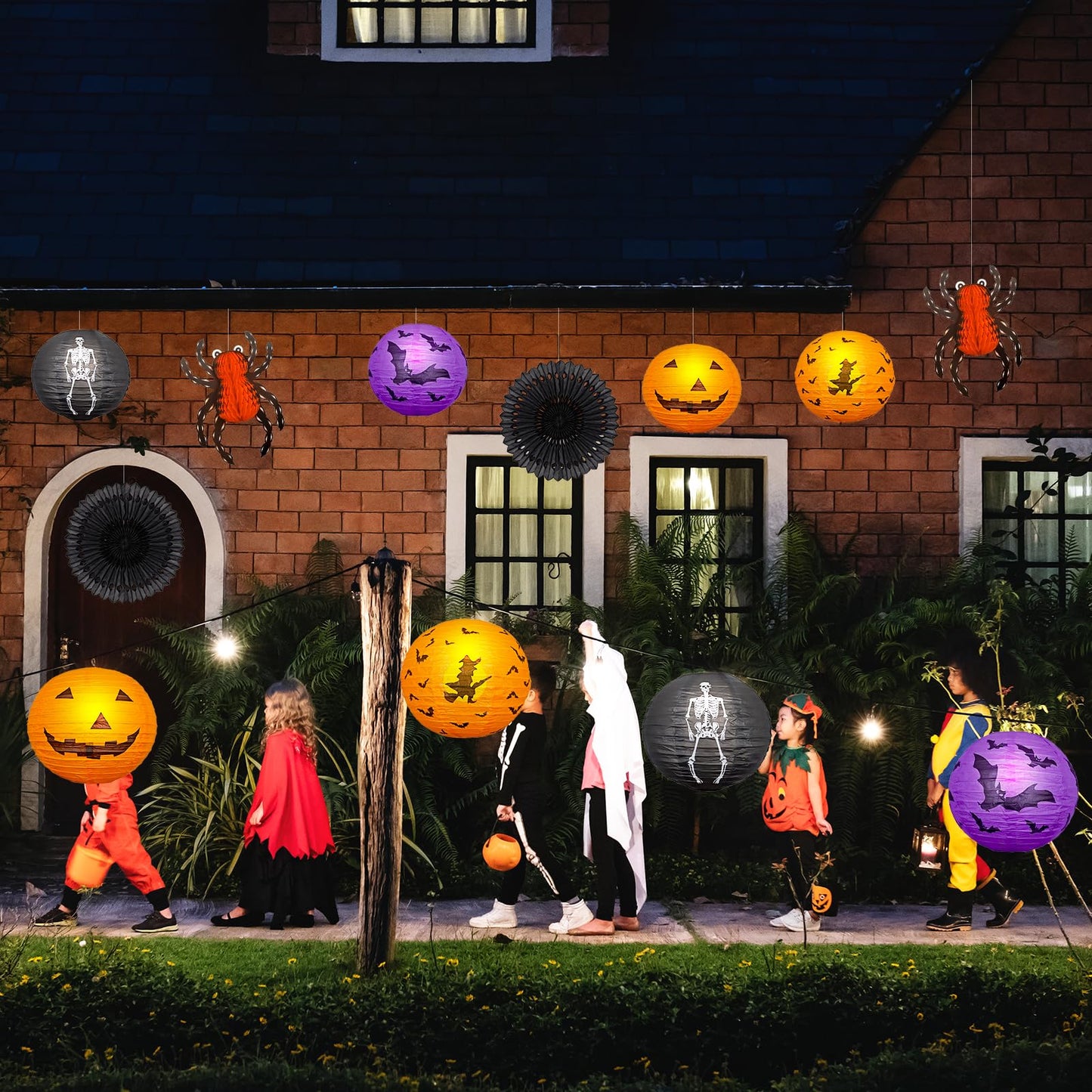 Halloween Hanging Decorations Paper Lanterns with Lights, Pumpkin Bat Skeleton Lanterns Spider for Indoor & Outdoor Spooky Home Decor Halloween Party Supplies Props 10" (8 LED Light)