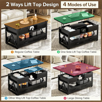 Memobarco 40" Lift Top Coffee Table,4 in 1 Multi-Function Lift Coffee Tables with Storage Drawers and Hidden Compartmen,Farmhouse Coffee Table with Lifting top for Living Room,Black