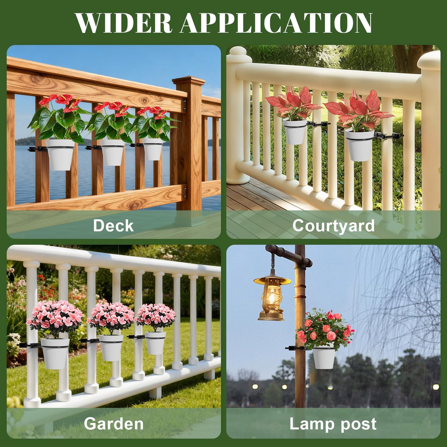 Xbpeuy Hanging Flower Pots Holder, 2 Set Deck Railing Plant Container Holder with Pot, Pipe Clip Fence Planters Tray for Indoor & Outdoor Fence Balcony Patio Porch Railing