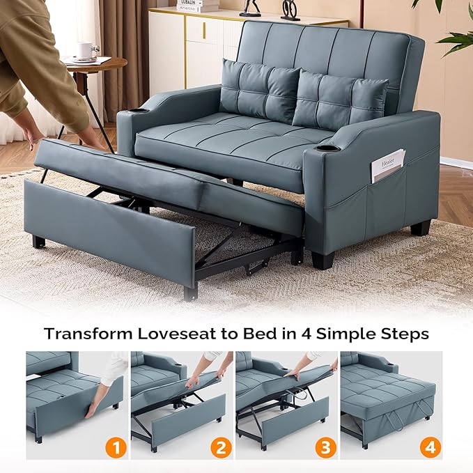 VINGLI Blue Grey Futon Sofa Bed Convertible Loveseat Sleeper Couch, Faux