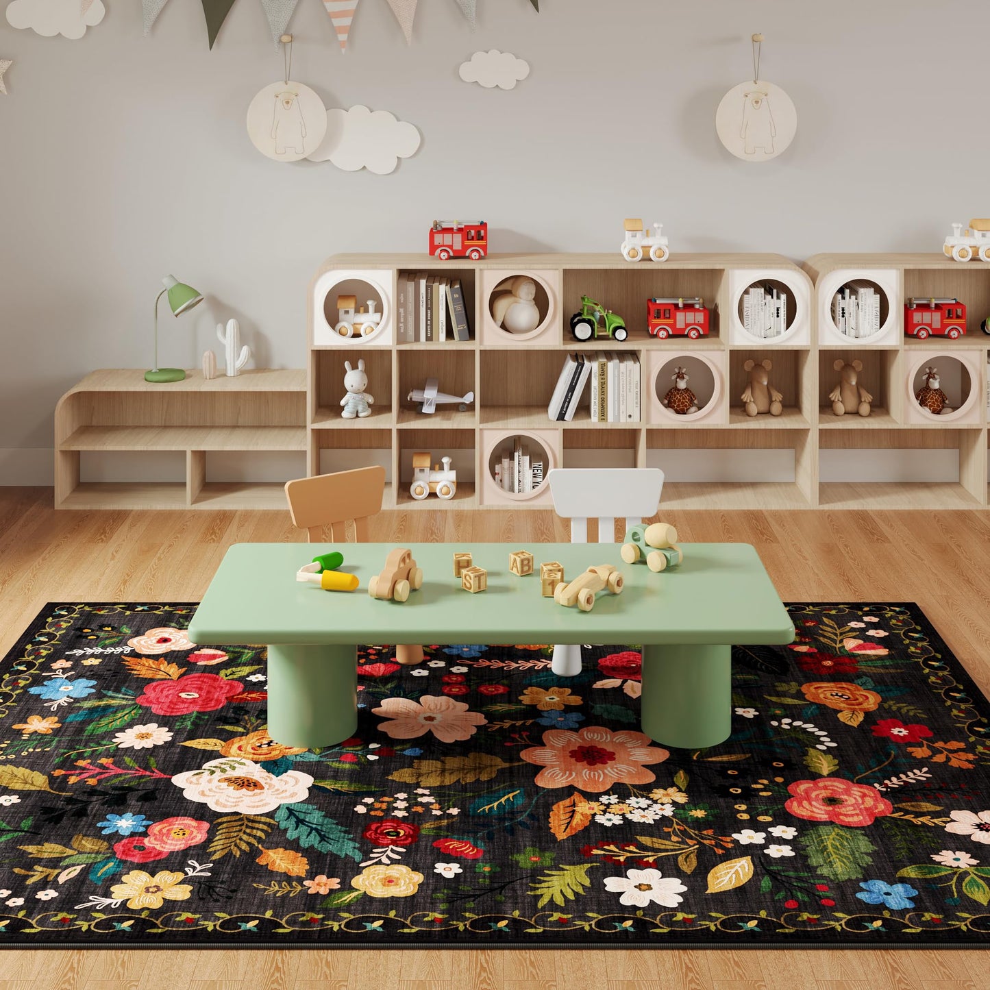 Rugcomf Living Room Rug 5x7 Rug Machine Washable Boho Area Rug Non Slip Floral Vintage Low Pile Large Rugs for Living Room, Bedroom, Farmhouse, Dining Room, Kids Playroom(Black)