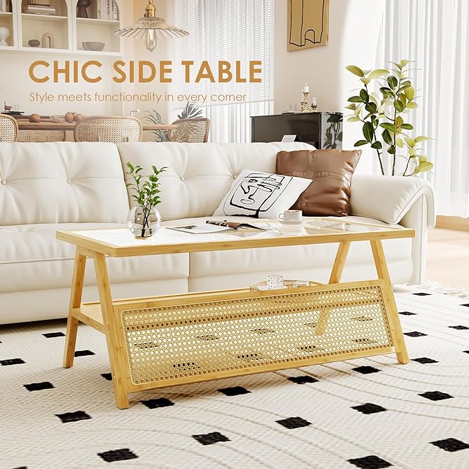 Bamworld Coffee Table with Storage Mid-Century Modern Coffee Table Boho