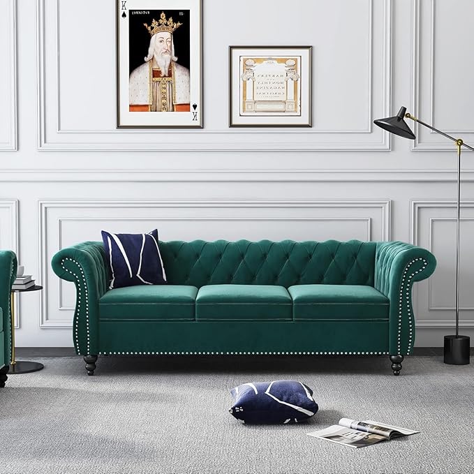 Mid-Century 3 Seater Sofa, Velvet Couch