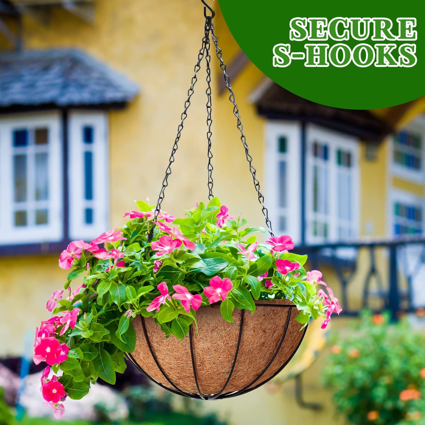 Roowest 4 PCS 16 Inch Metal Hanging Planter Basket Flower Holder Hanging Pots with Coconut Fiber Coir Liners Wire Chain Round Planter Plant Hanger for Indoor Patio Garden Home Balcony Decor