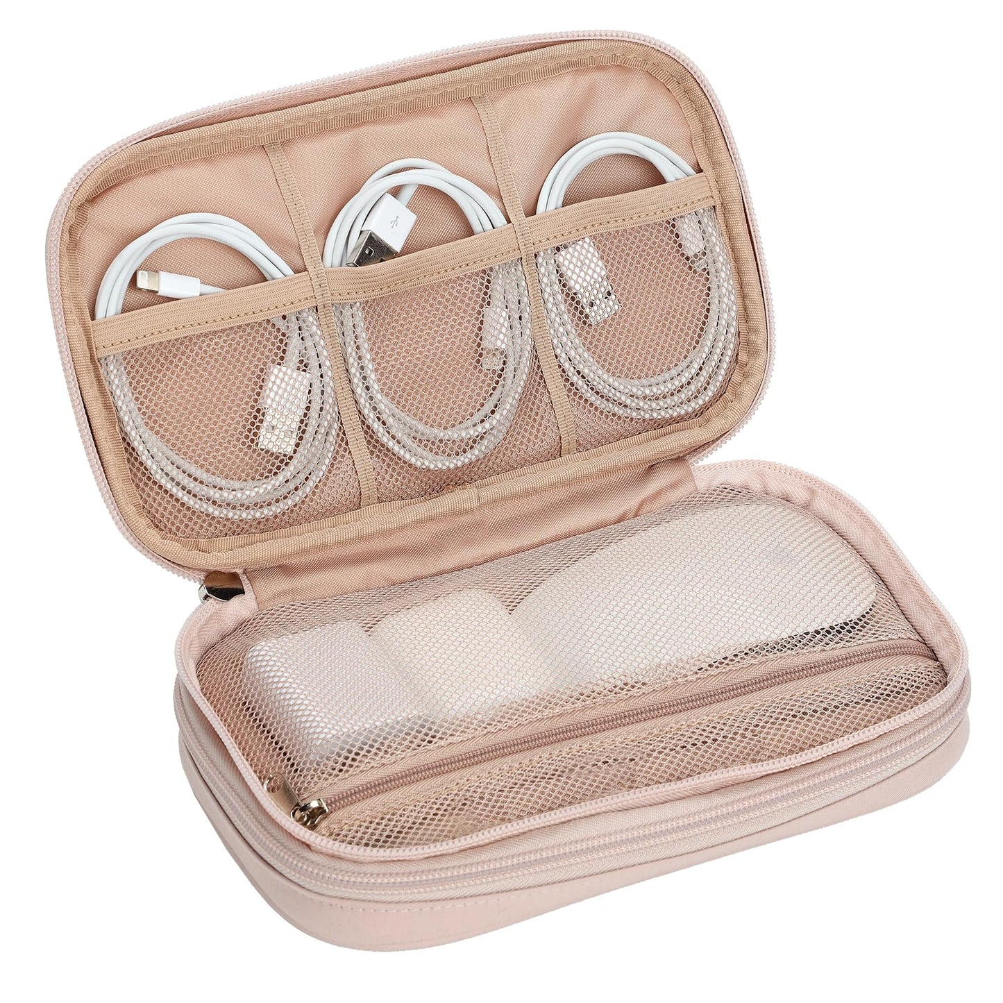 NISHEL Travel Cord Organizer Case, Double Layers Tech Electronic Bag, Essentials for Charger, Cable, Phone, Flash drive, Pink