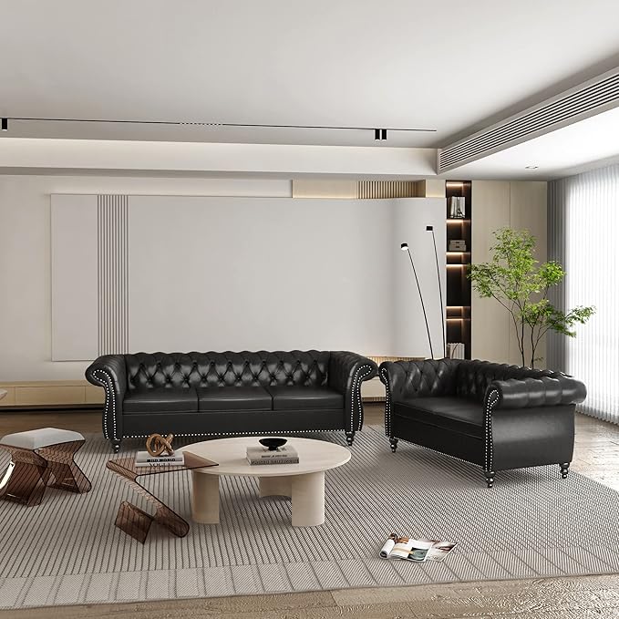 ORRD 2 Pieces Living Room Set, Chesterfield Leather Sofa Loveseat Couch