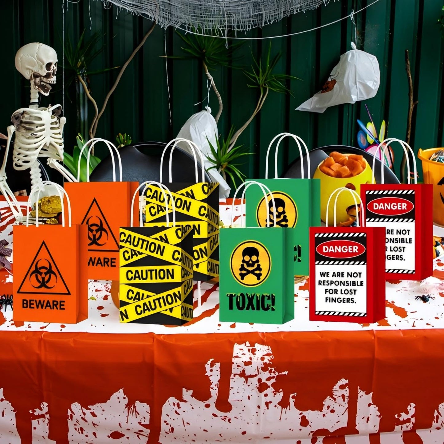 TaoBary 24 Pcs Halloween Biohazard Treat Bags Spooky Halloween Caution Gift Bags with Handles Beware of Danger Zombie Theme Horror Party Favors for Candy Goodie Snacks Holiday Party Supplies
