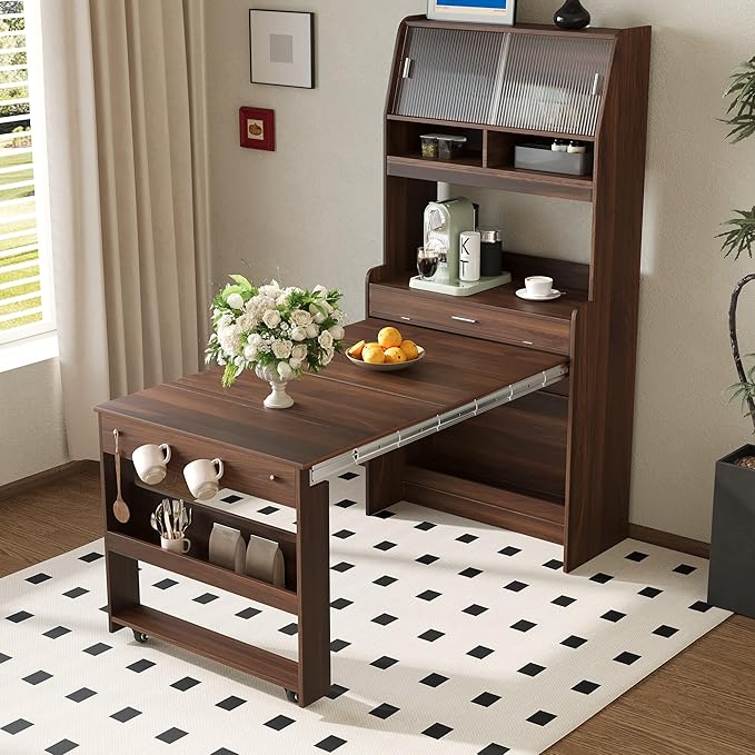 Spaco 2-in-1 Folding Dining Table and Buffet Cabinet Set, Compact Pull-Out