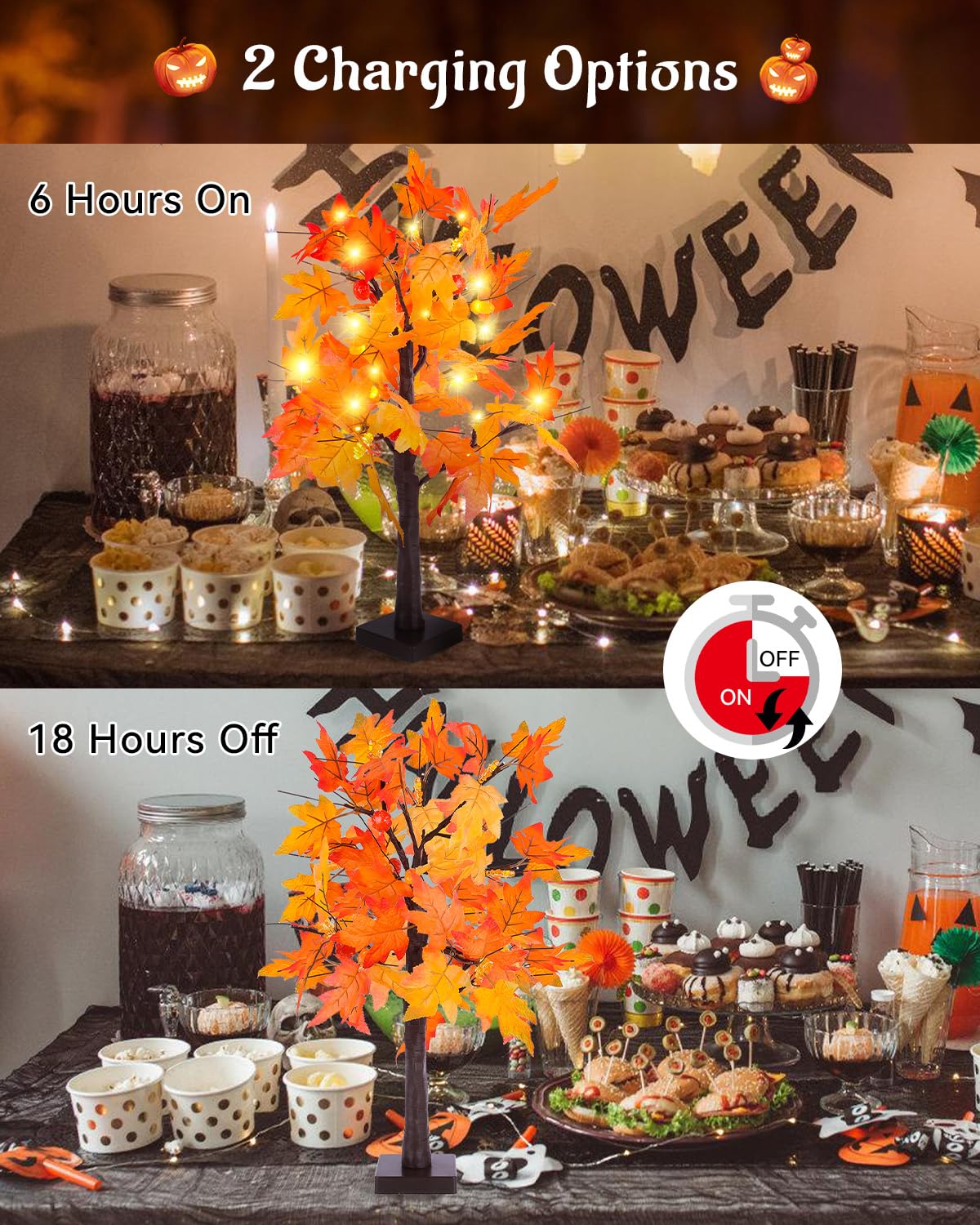 Fall Maple Tree Light 2 Pack, Fall Decorations USB & Battery Operated Light Up Artificial Pumpkins Maple Acorn Tree for Fall Halloween Thanksgiving Table Harvest Home Indoor Decoration