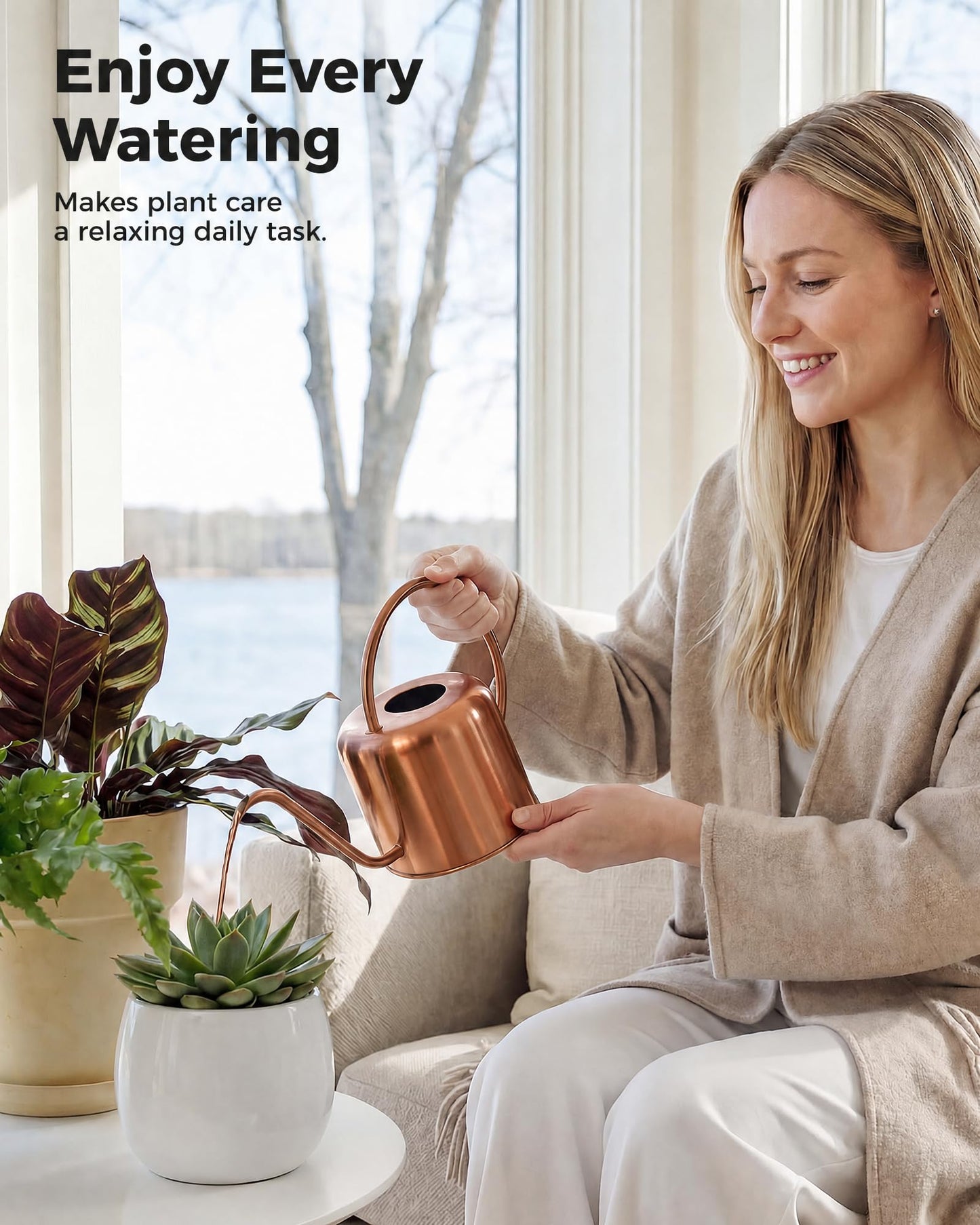 Bamworld Metal Watering Can Indoor Plants 1L 33oz Gold Stainless Steel Watering Can with Long Spout for House Potted Plants Succulents Bonsai Garden Flowers