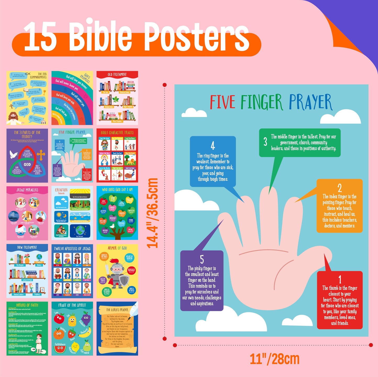15 Bible Posters for kids, Thick Religious Poster Waterproof & Tear Proof with PET Film, Books of the Bible Poster Sunday School Christian Decoration for Classroom, Bulletin Board (14.5” x 11”)